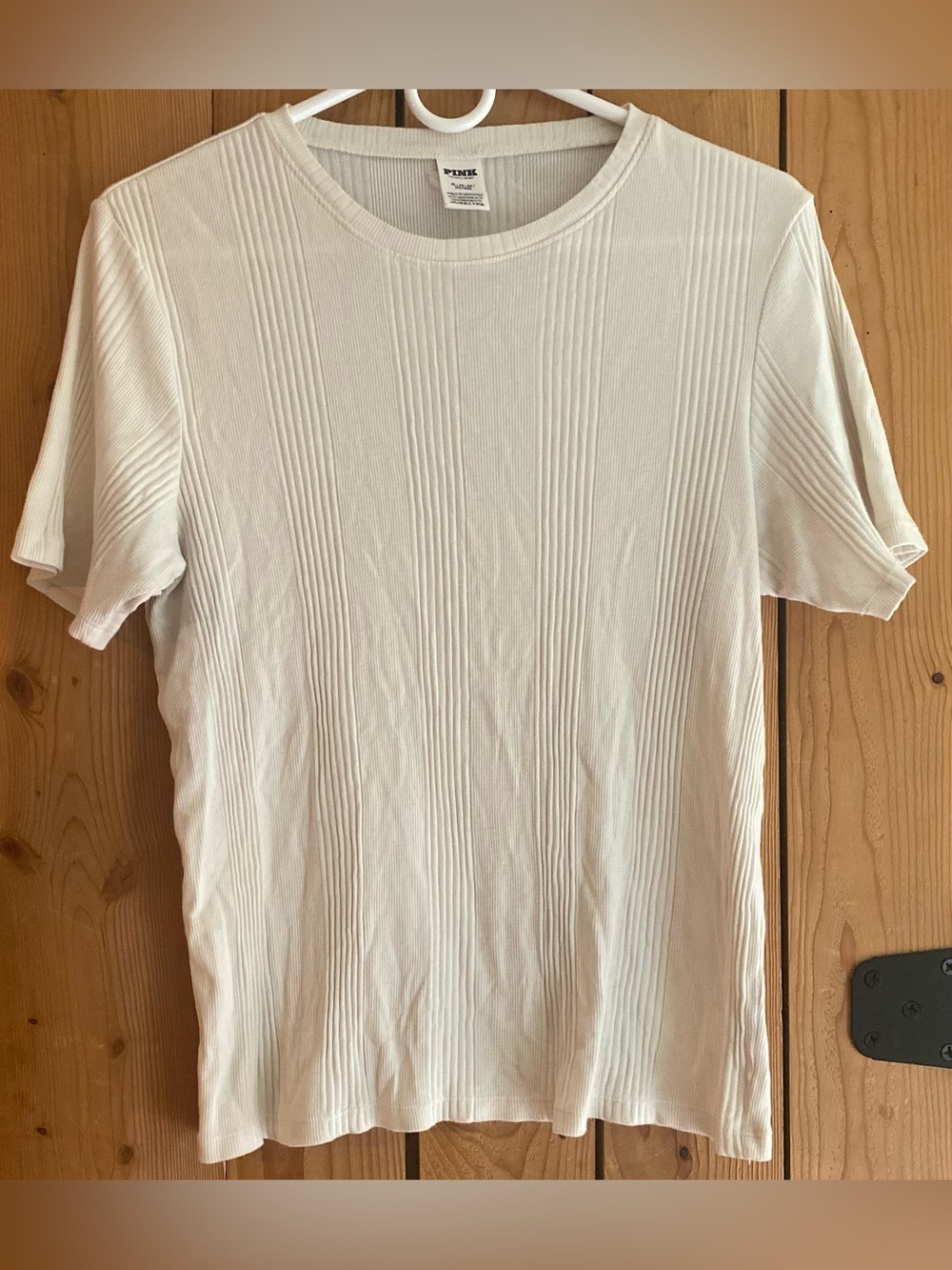 PINK Victoria's Secret White/Cream Short Sleeve Ribbed Crewneck Tee
